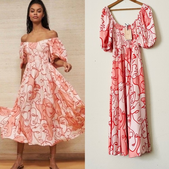 NWT La Ligne MEDIUM Lola Shirred Printed 100% silk pink...